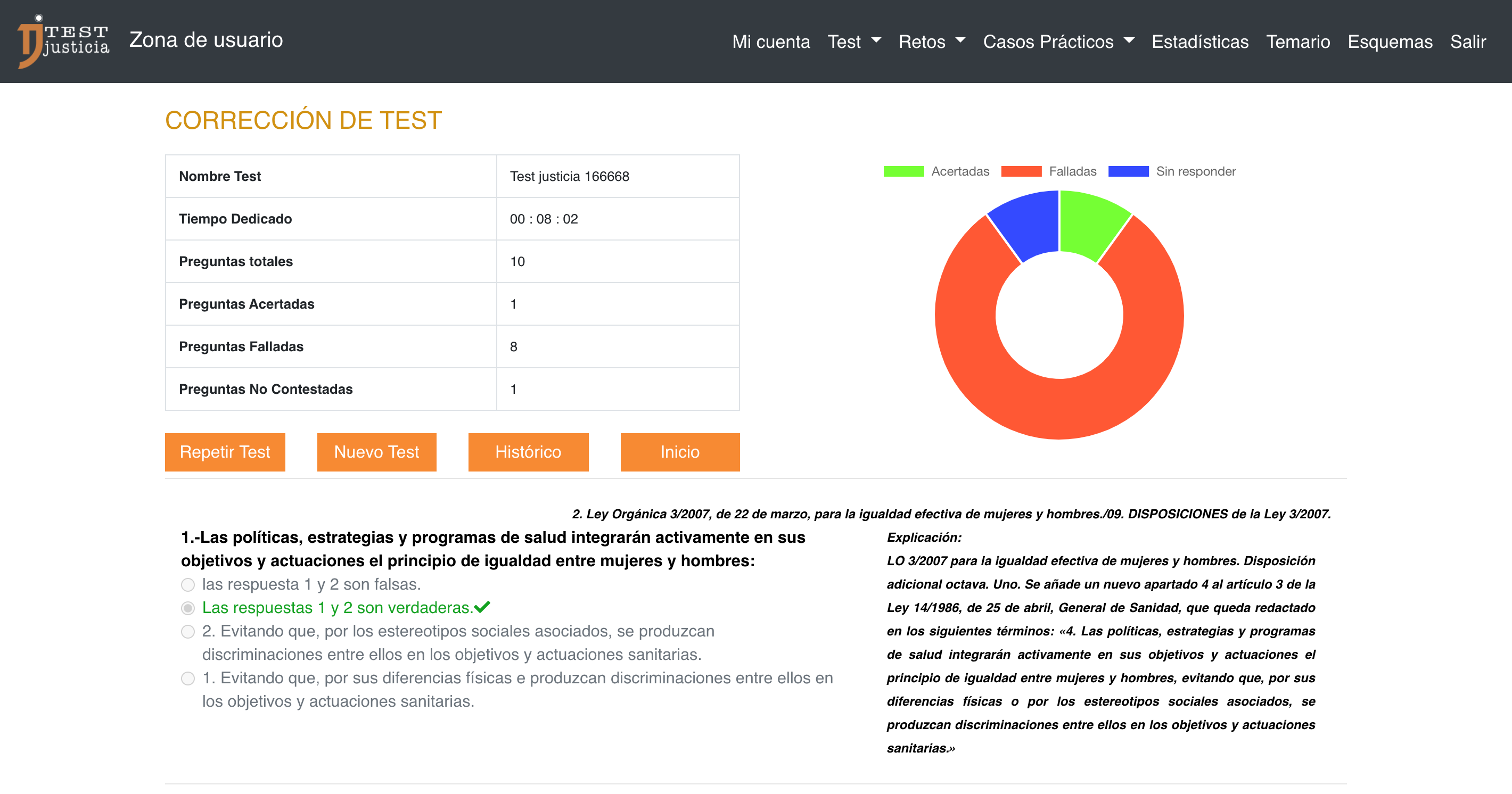 respuestas totalmente justificadas tras la corrección del test de igualdad de genero